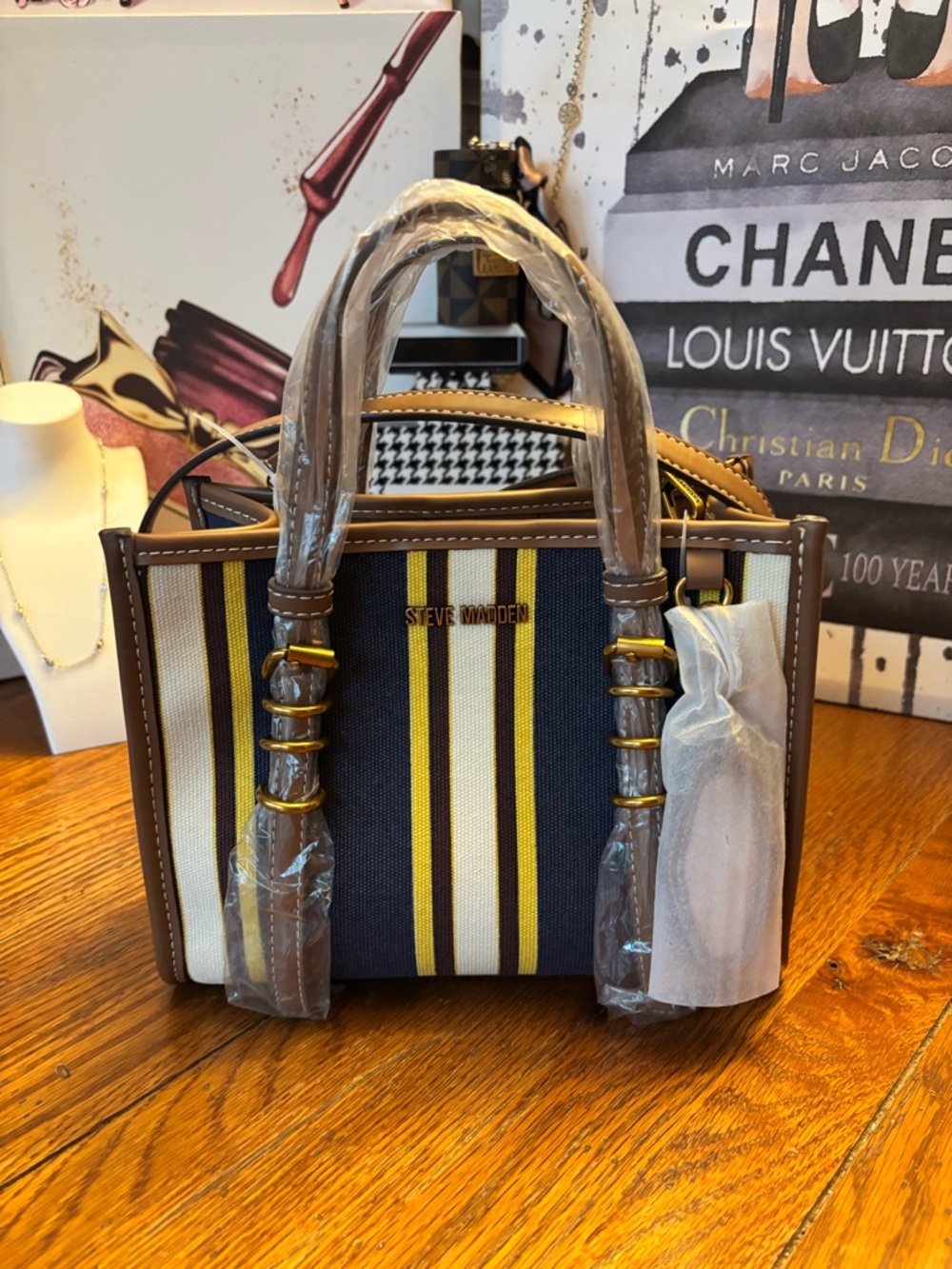 NWT Steve Madden BBOGAN Navy Multi Stripe Satchel Crossbody Tote Bag